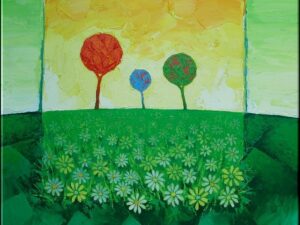 Acrylic, green landscape, wildflowers, sky, nature, summer, sunset