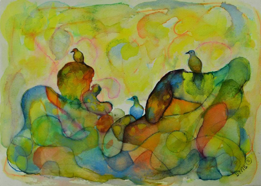 City-Birds on the background of watercolor pastel colors