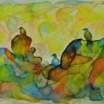 City-Birds on the background of watercolor pastel colors
