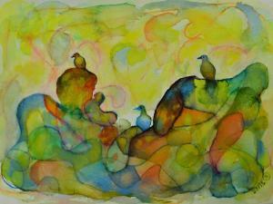 City-Birds on the background of watercolor pastel colors