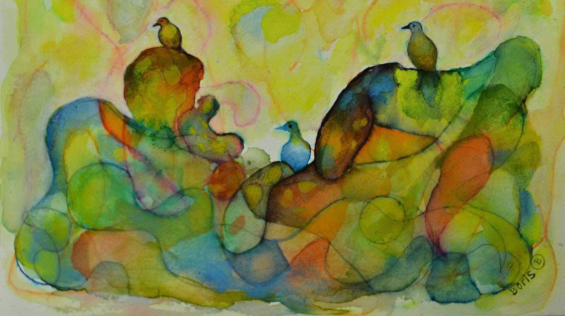 City-Birds on the background of watercolor pastel colors