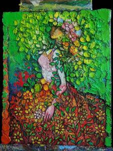 Painting 'Flowers of happiness': Young woman surrounded by colorful flowers and leafy vegetation, radiating joy.